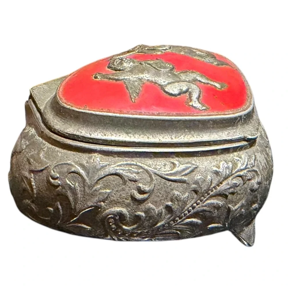 VTG Silver Tone Red Velvet Lined Metal Footed Cherub Jewelry Trinket Box Japan